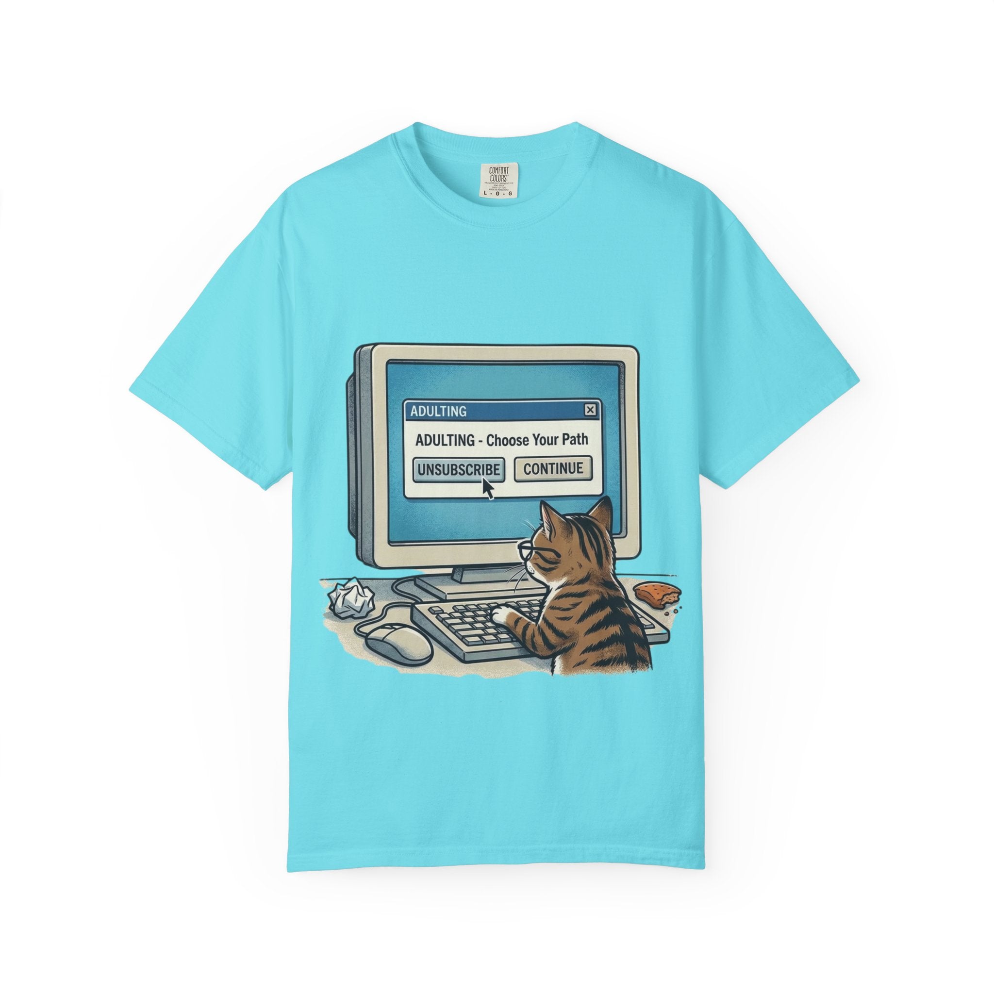 Cat at Computer T-Shirt — "Adulting: Choose Your Path" Graphic Tee