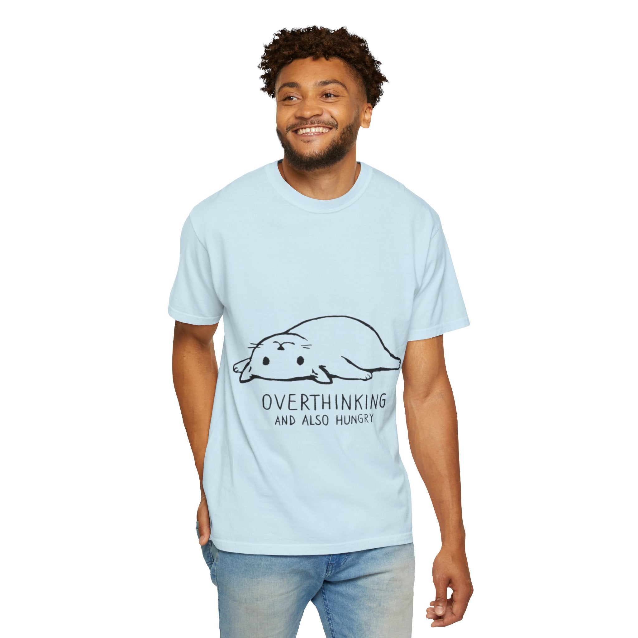 Overthinking and Also Hungry T-Shirt — Cute Lazy Cat Graphic Tee