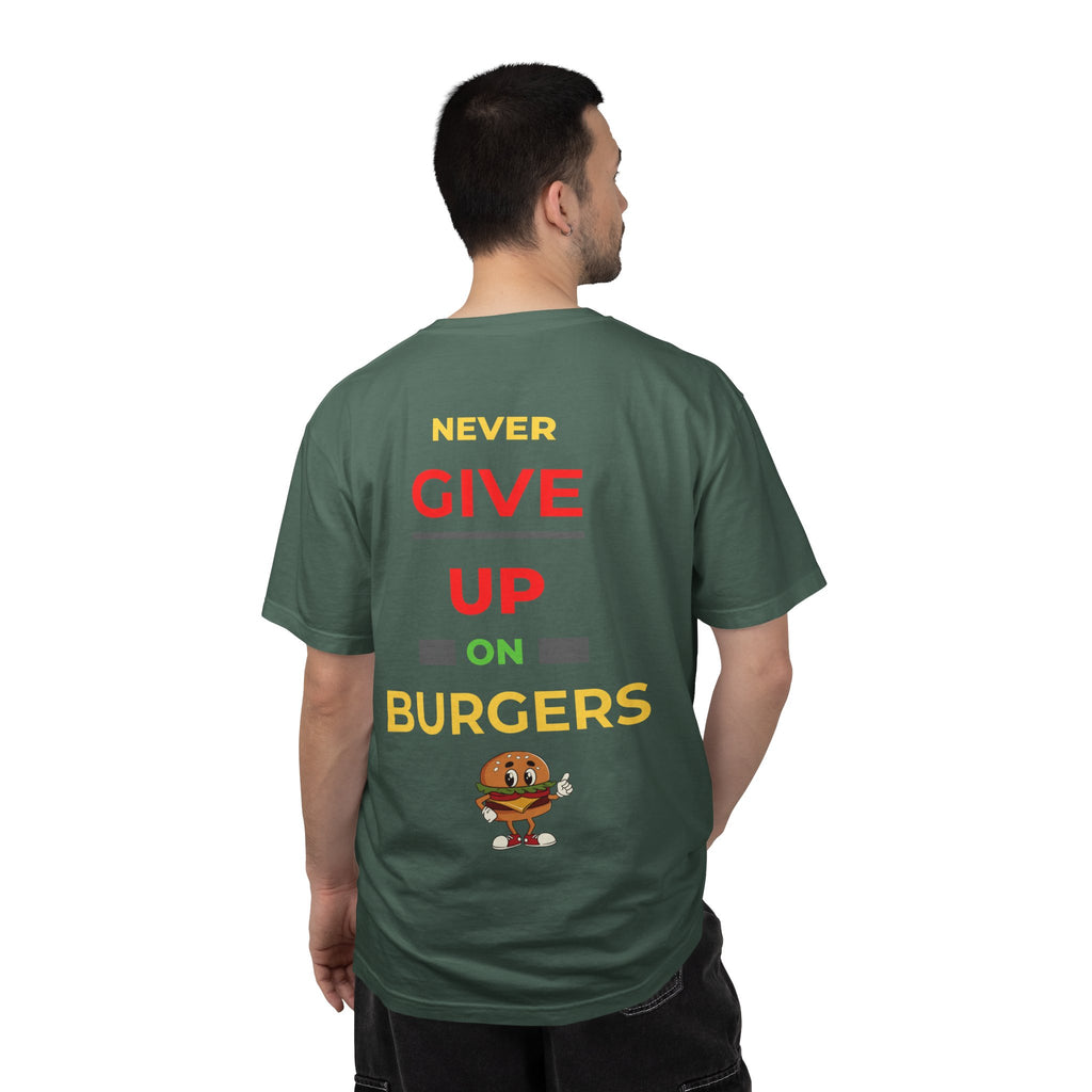 Need Burger T‑Shirt — Funny Low Battery Burger Tee (Never Give Up on Burgers)