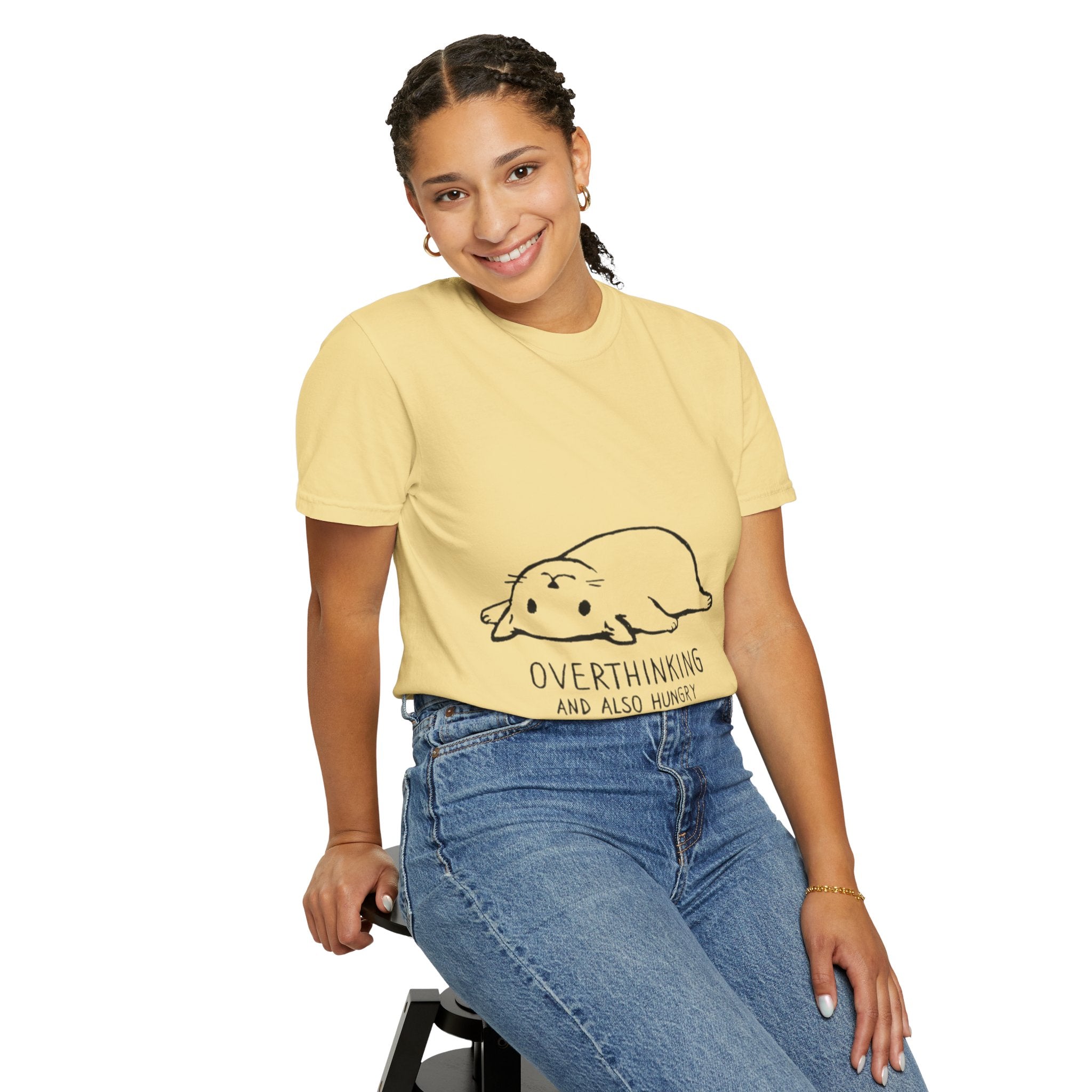 Overthinking and Also Hungry T-Shirt — Cute Lazy Cat Graphic Tee