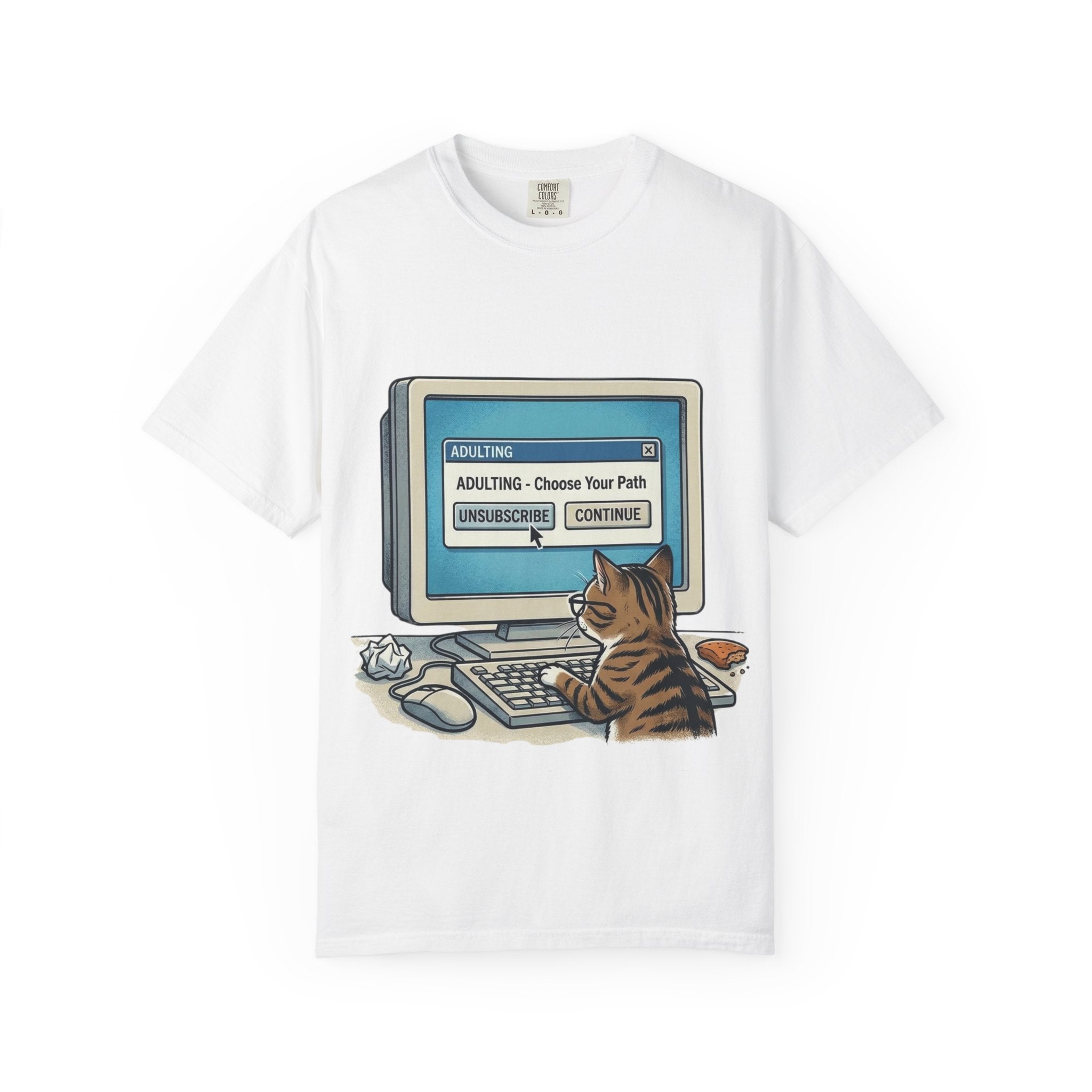 Cat at Computer T-Shirt — "Adulting: Choose Your Path" Graphic Tee