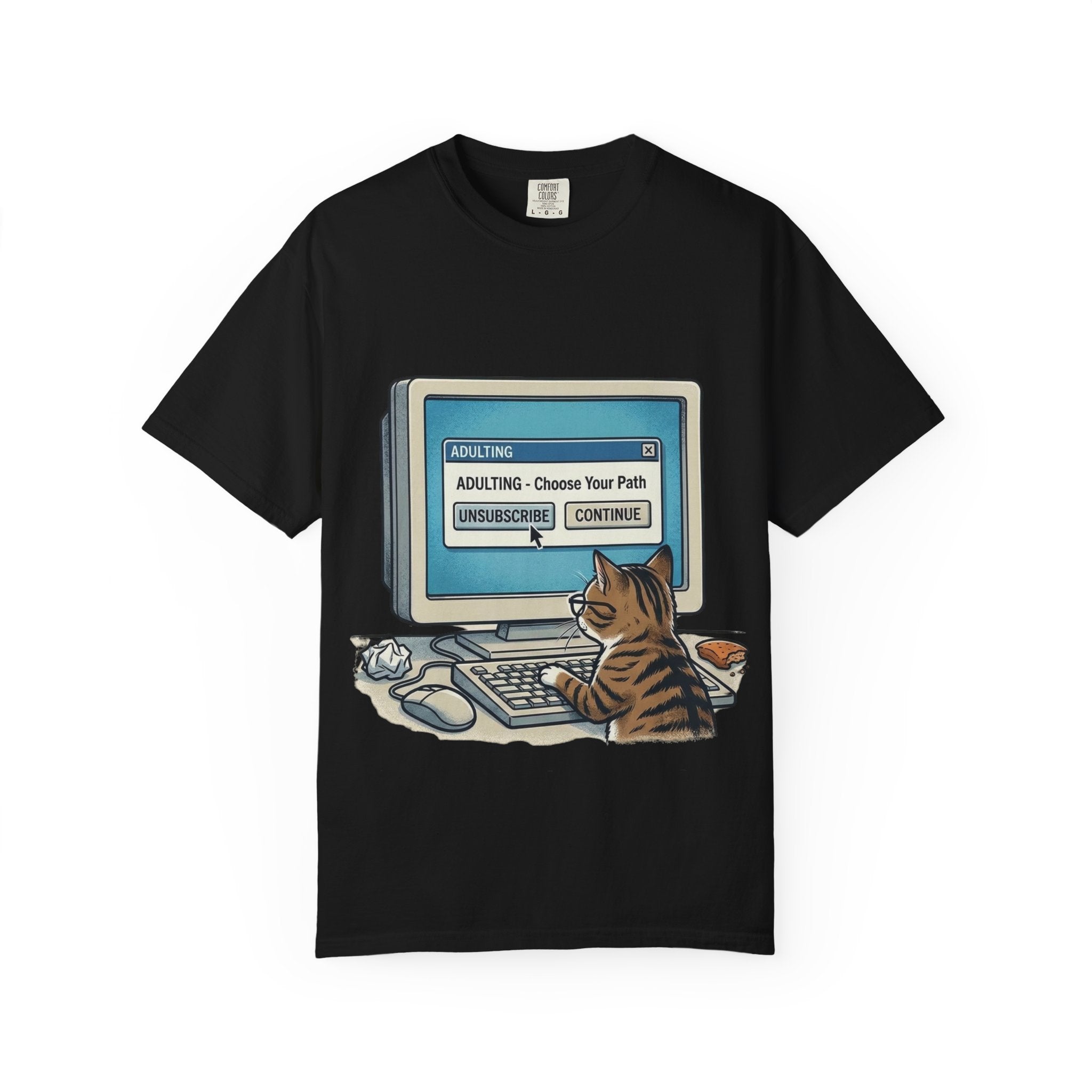 Cat at Computer T-Shirt — "Adulting: Choose Your Path" Graphic Tee