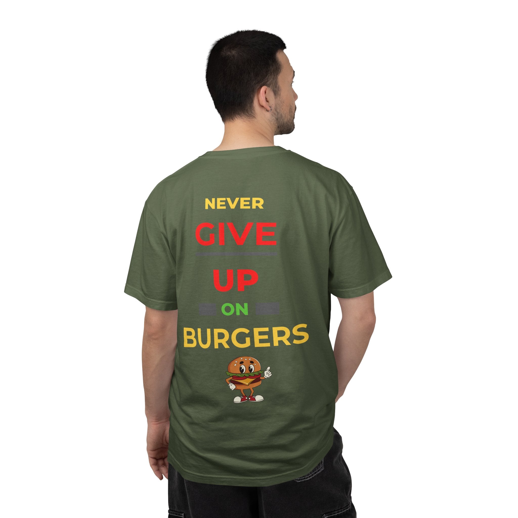 Need Burger T‑Shirt — Funny Low Battery Burger Tee (Never Give Up on Burgers)