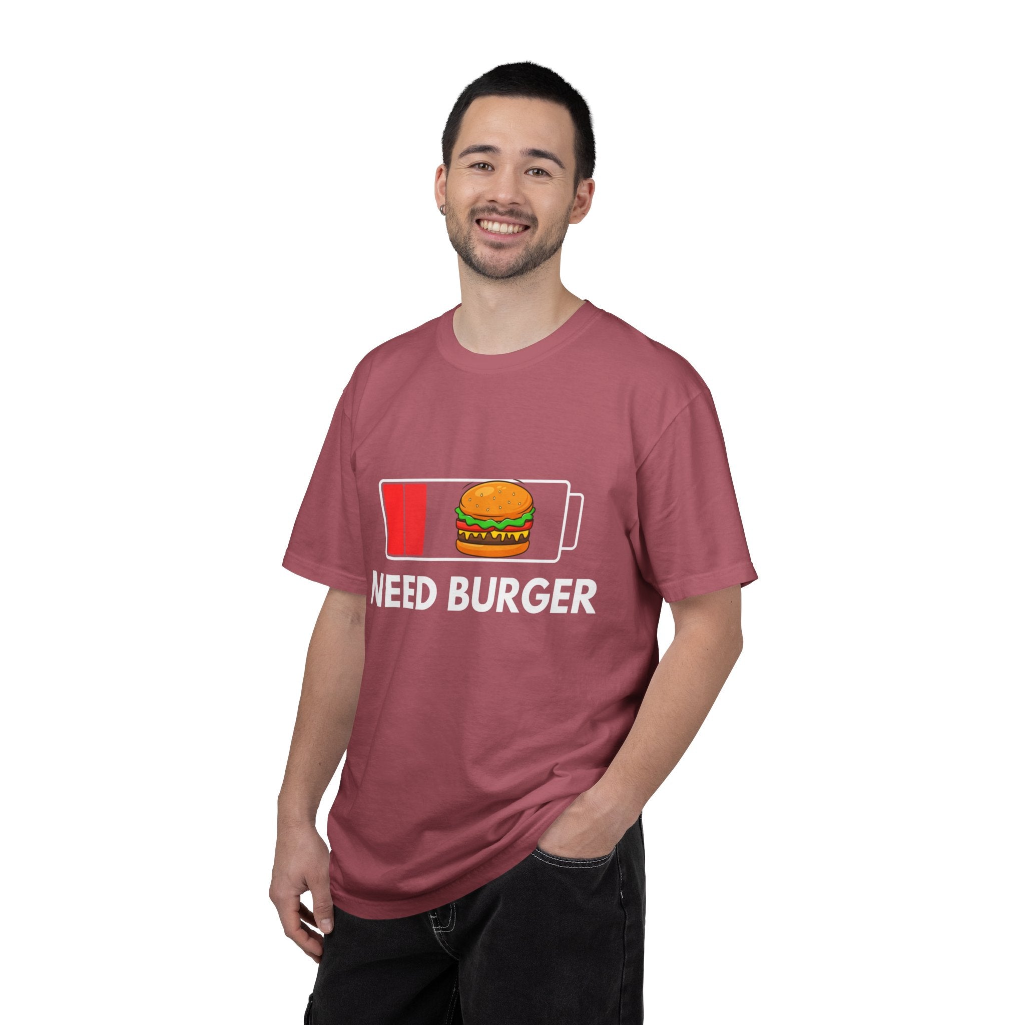Need Burger T‑Shirt — Funny Low Battery Burger Tee (Never Give Up on Burgers)