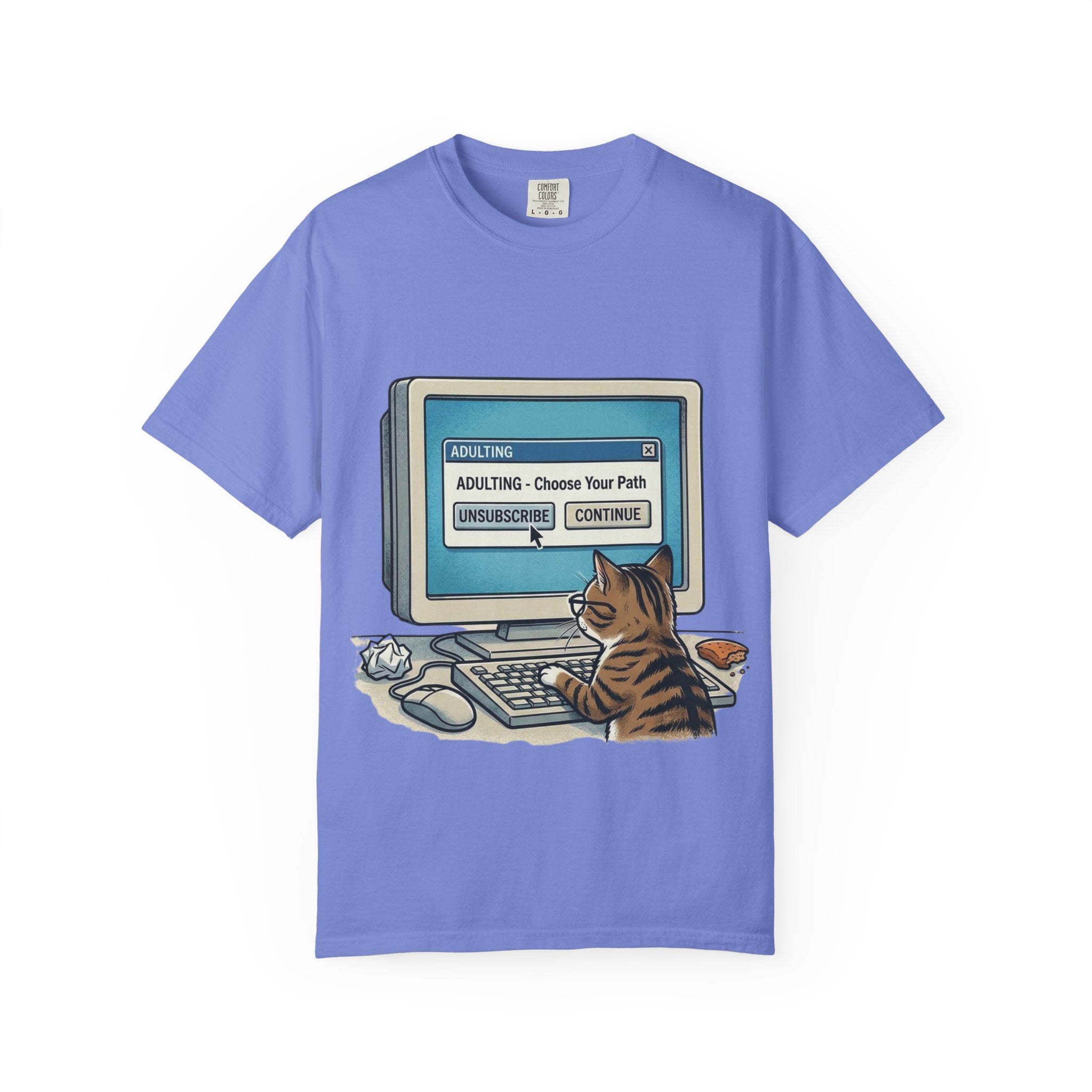 Cat at Computer T-Shirt — "Adulting: Choose Your Path" Graphic Tee