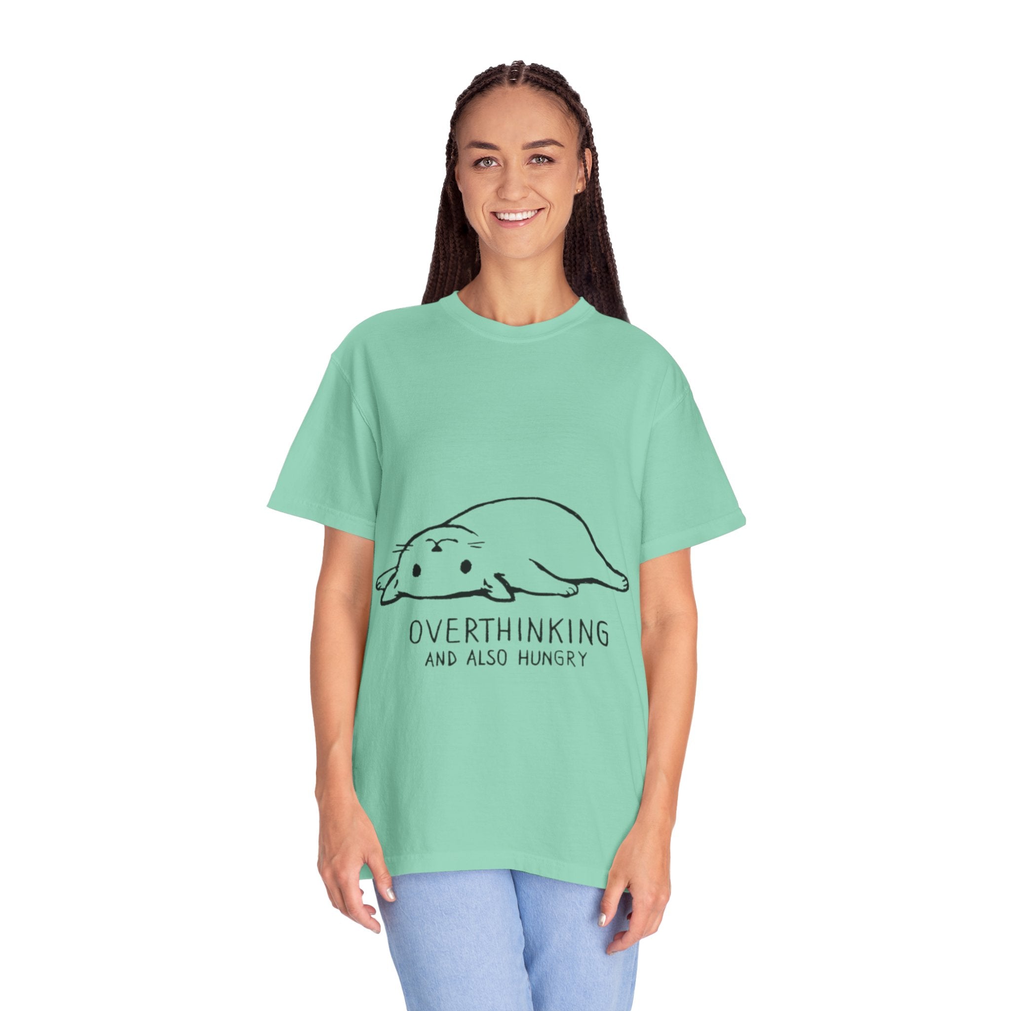Overthinking and Also Hungry T-Shirt — Cute Lazy Cat Graphic Tee