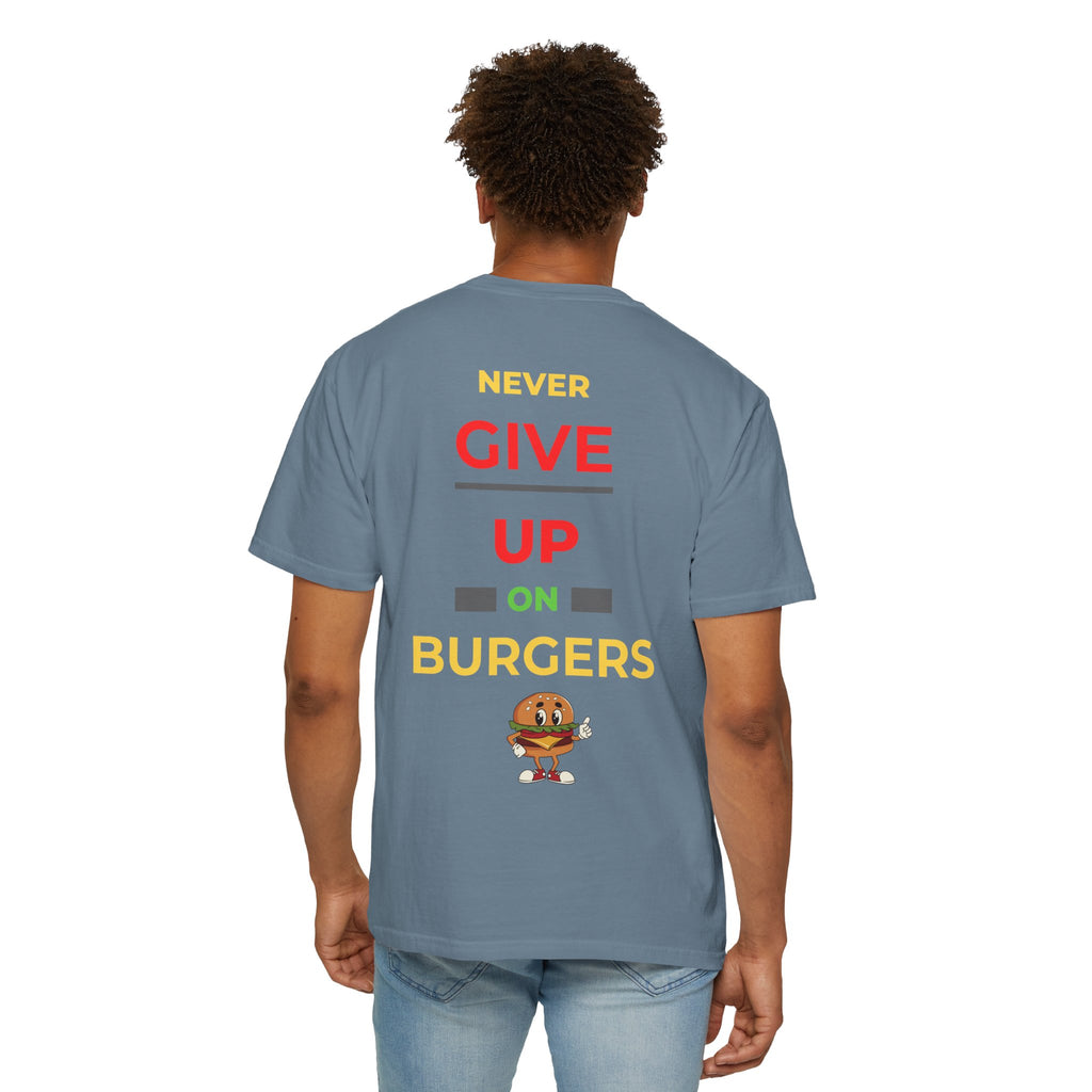 Need Burger T‑Shirt — Funny Low Battery Burger Tee (Never Give Up on Burgers)