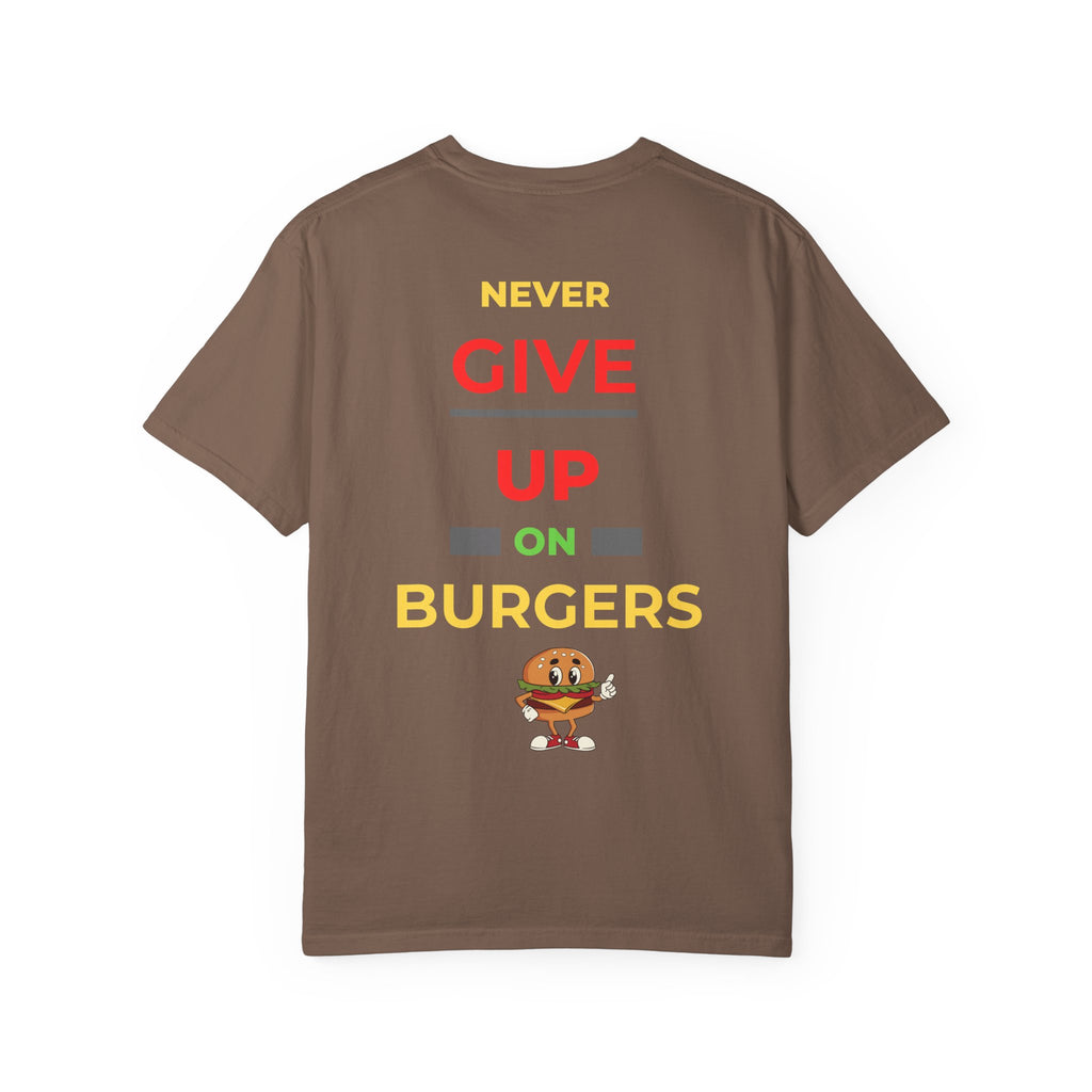 Need Burger T‑Shirt — Funny Low Battery Burger Tee (Never Give Up on Burgers)
