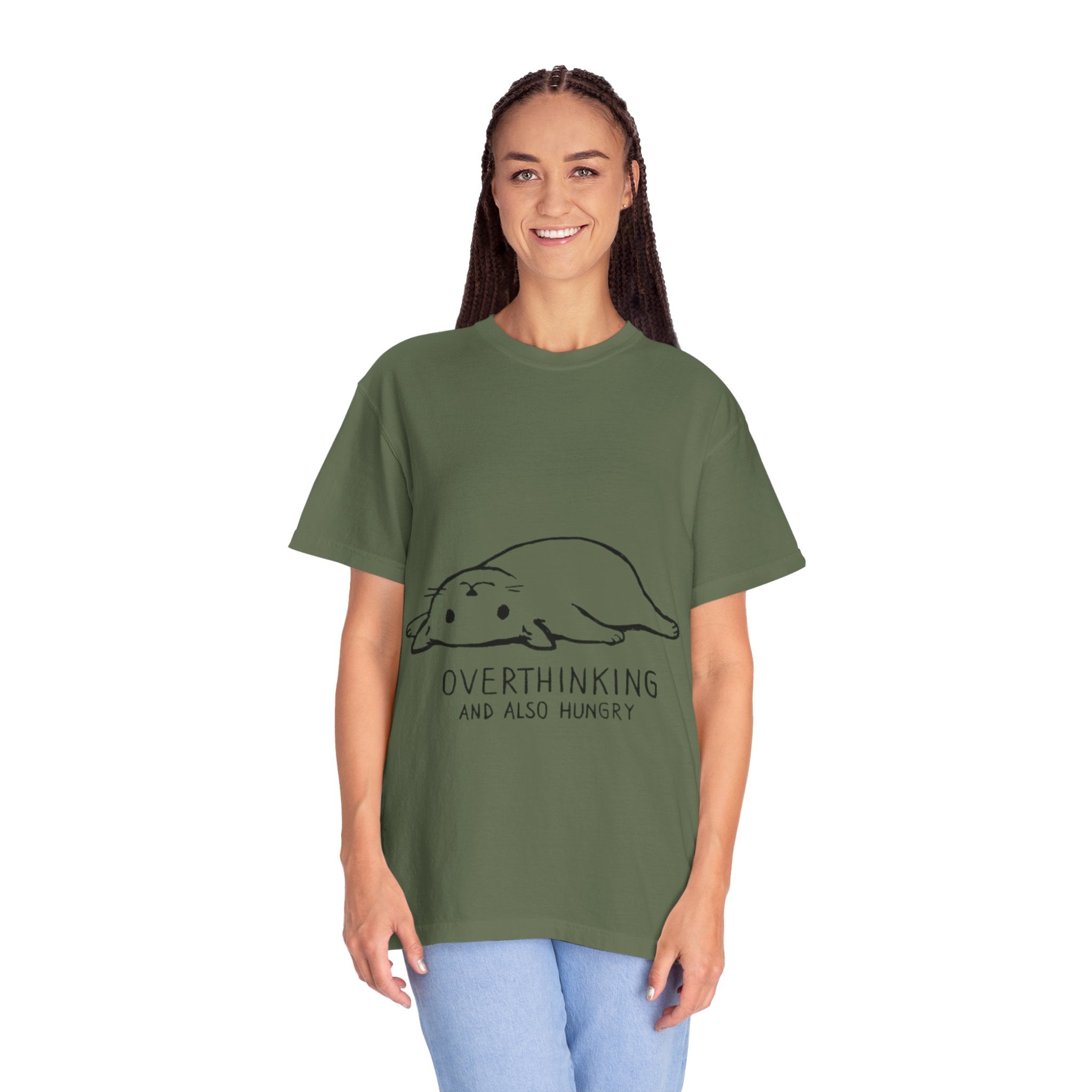 Overthinking and Also Hungry T-Shirt — Cute Lazy Cat Graphic Tee