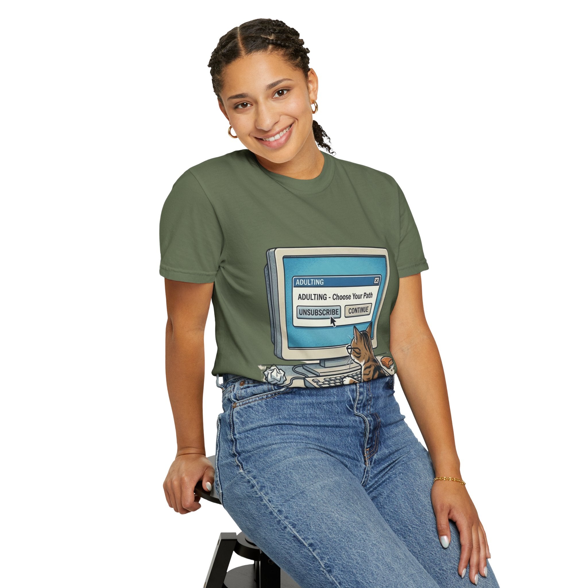 Cat at Computer T-Shirt — "Adulting: Choose Your Path" Graphic Tee