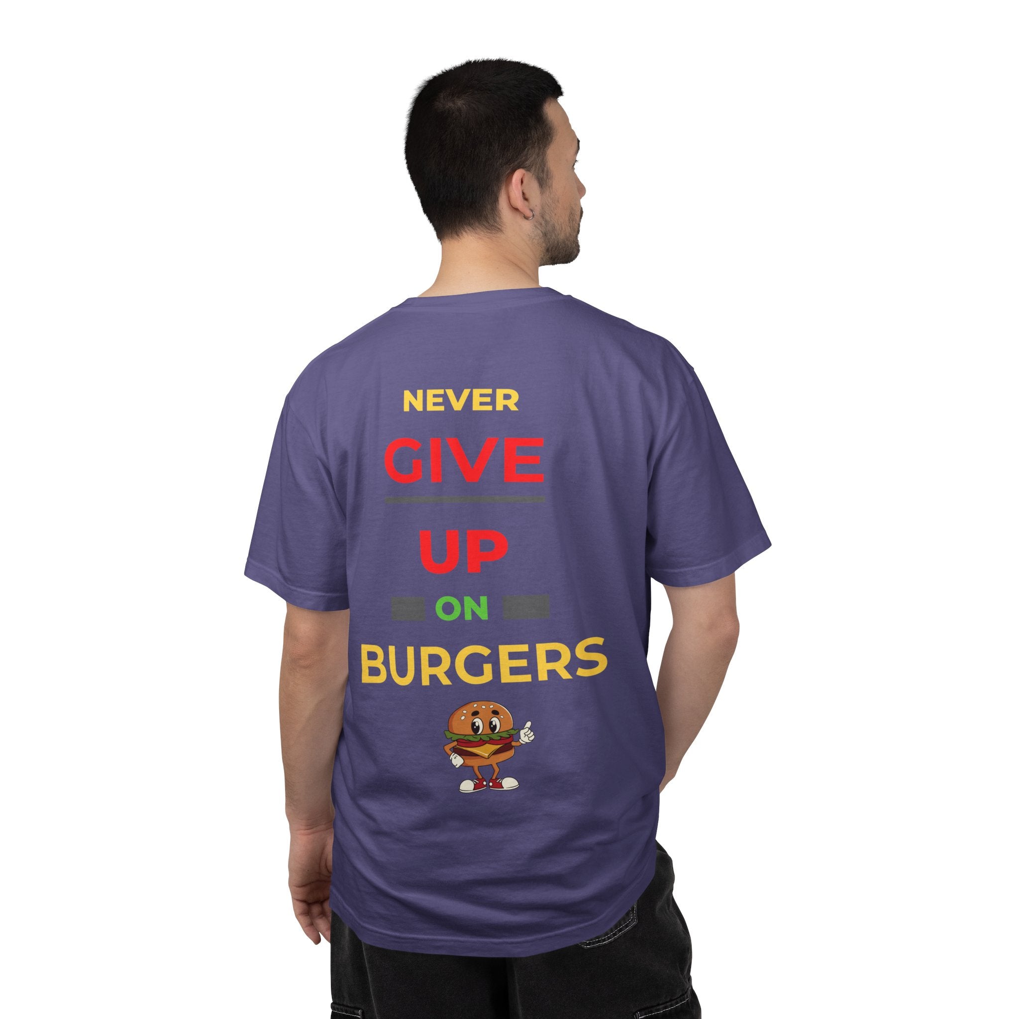 Need Burger T‑Shirt — Funny Low Battery Burger Tee (Never Give Up on Burgers)