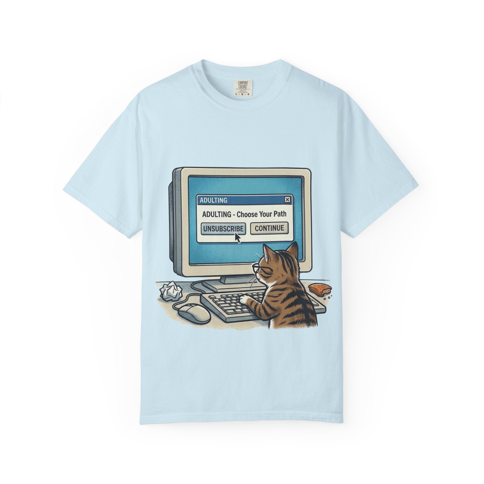 Cat at Computer T-Shirt — "Adulting: Choose Your Path" Graphic Tee
