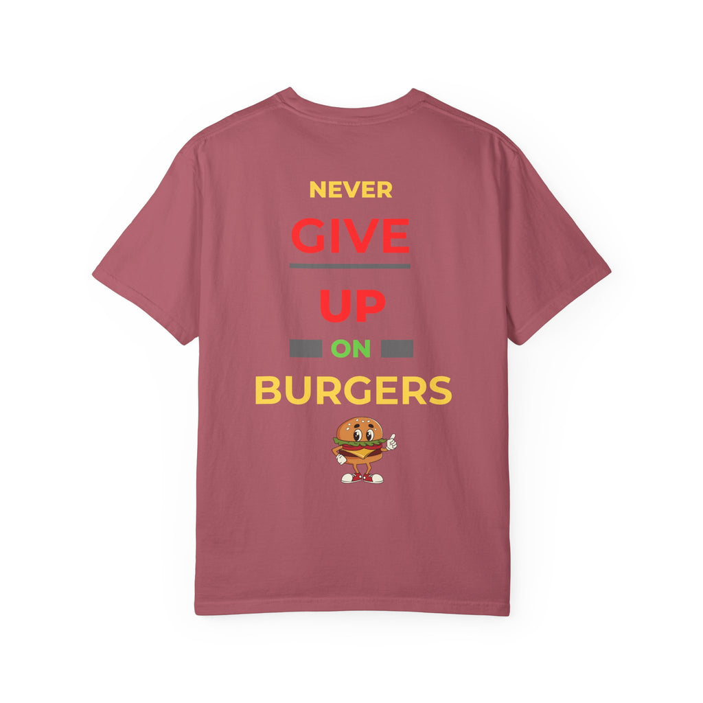 Need Burger T‑Shirt — Funny Low Battery Burger Tee (Never Give Up on Burgers)