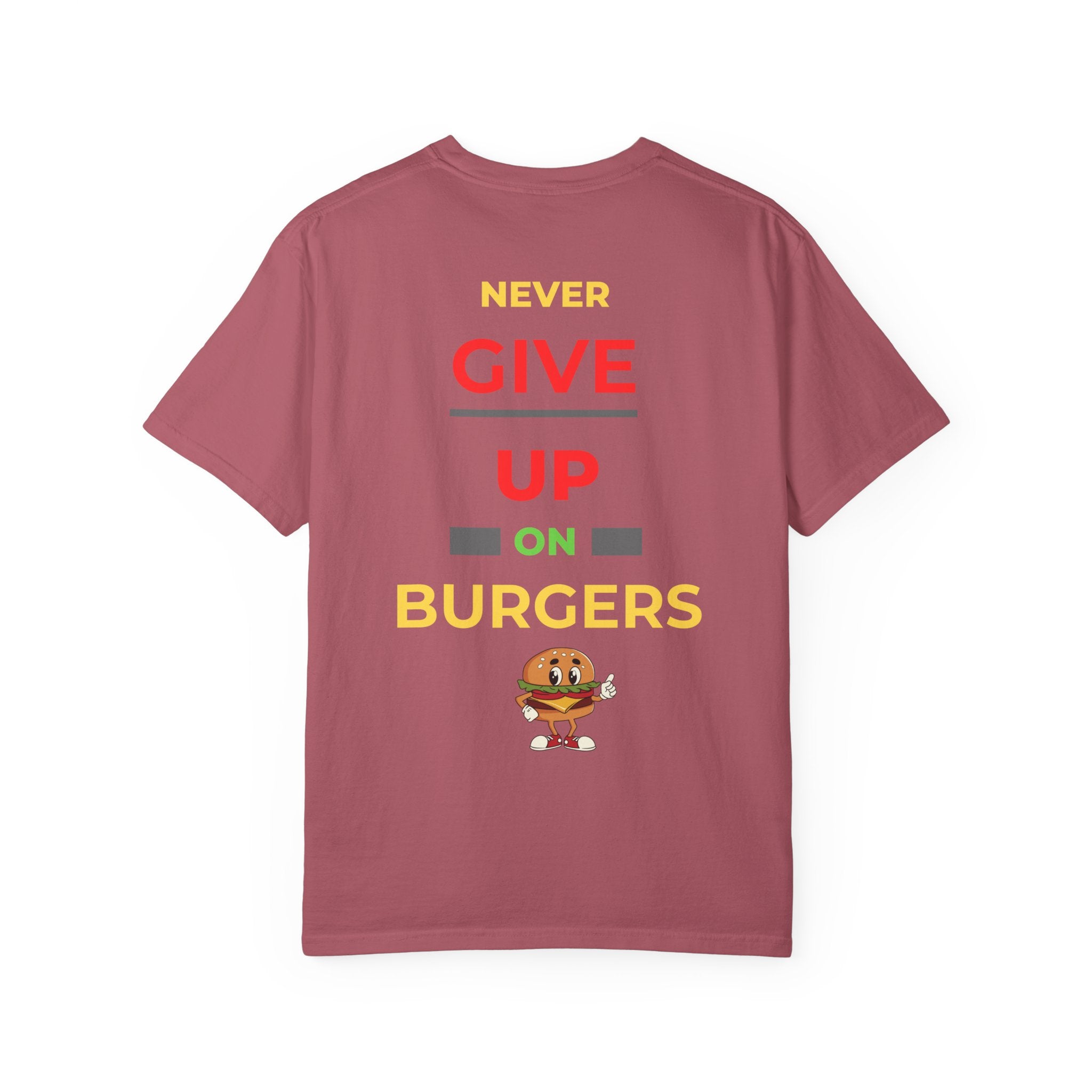 Need Burger T‑Shirt — Funny Low Battery Burger Tee (Never Give Up on Burgers)