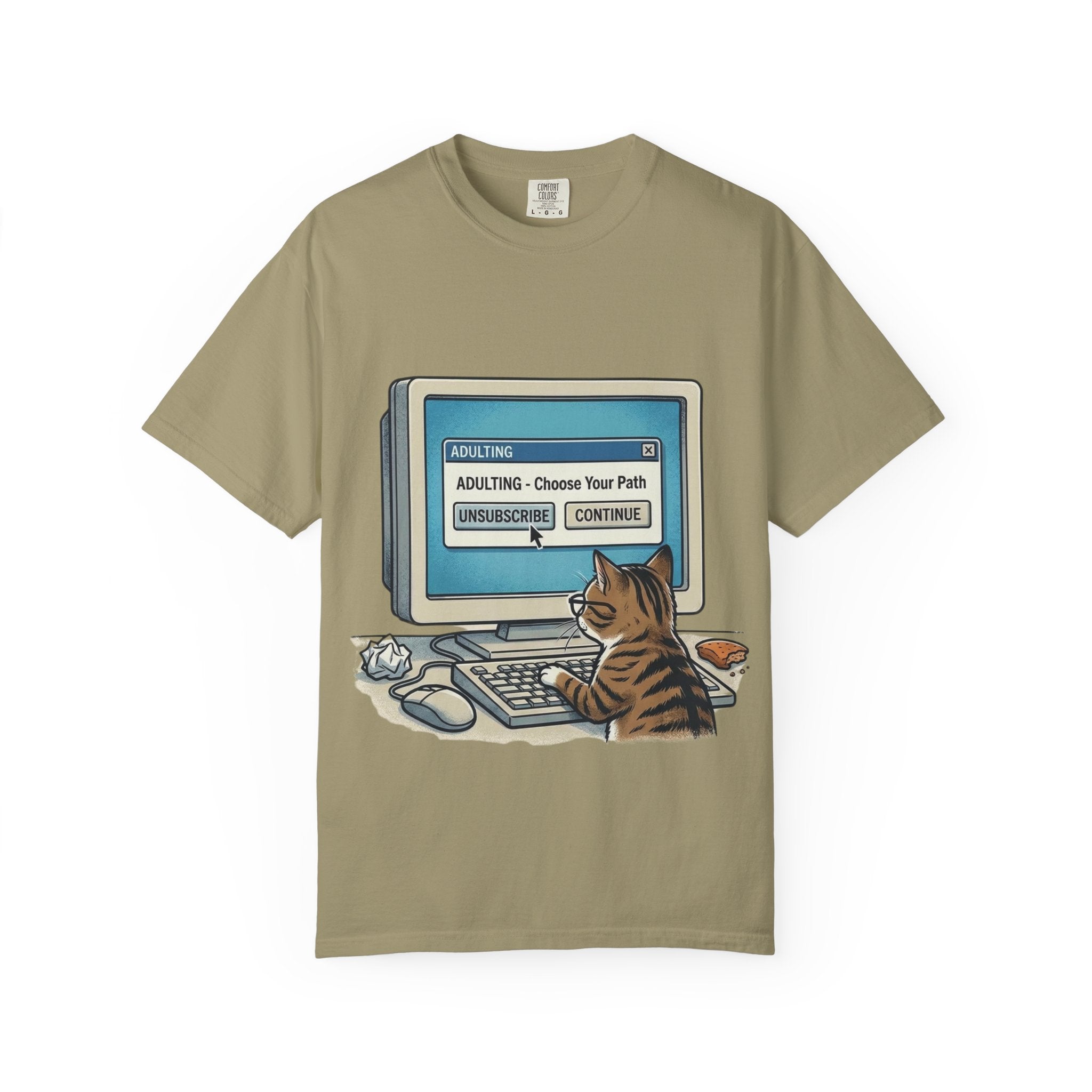 Cat at Computer T-Shirt — "Adulting: Choose Your Path" Graphic Tee