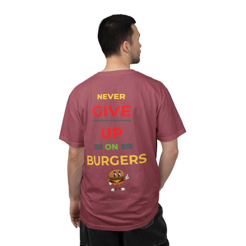 Need Burger T‑Shirt — Funny Low Battery Burger Tee (Never Give Up on Burgers)