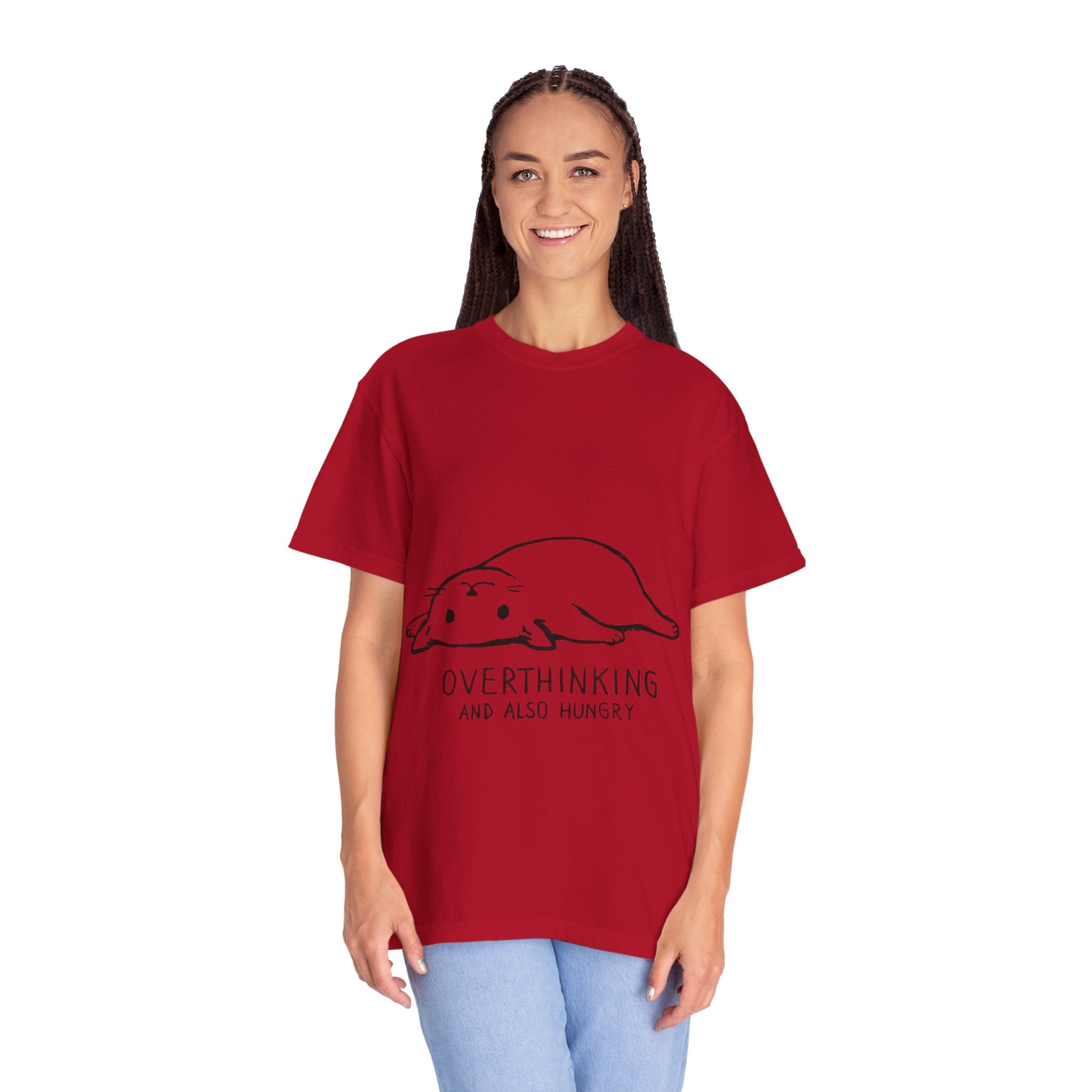 Overthinking and Also Hungry T-Shirt — Cute Lazy Cat Graphic Tee