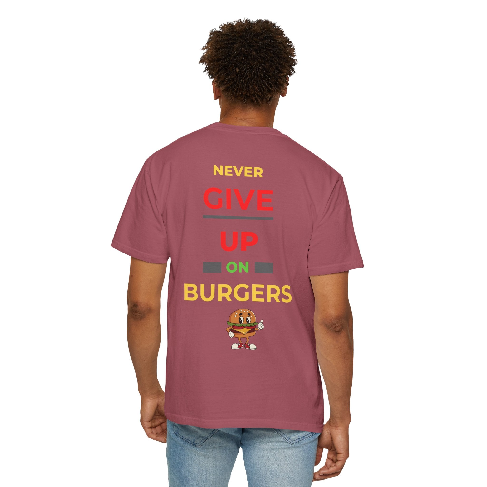 Need Burger T‑Shirt — Funny Low Battery Burger Tee (Never Give Up on Burgers)