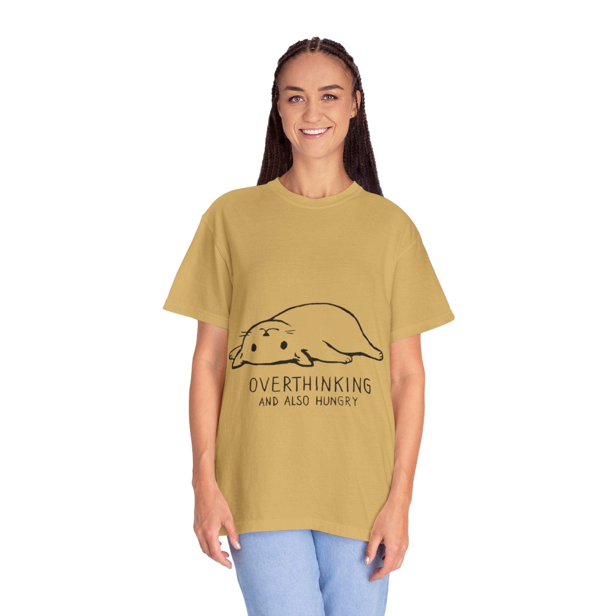 Overthinking and Also Hungry T-Shirt — Cute Lazy Cat Graphic Tee