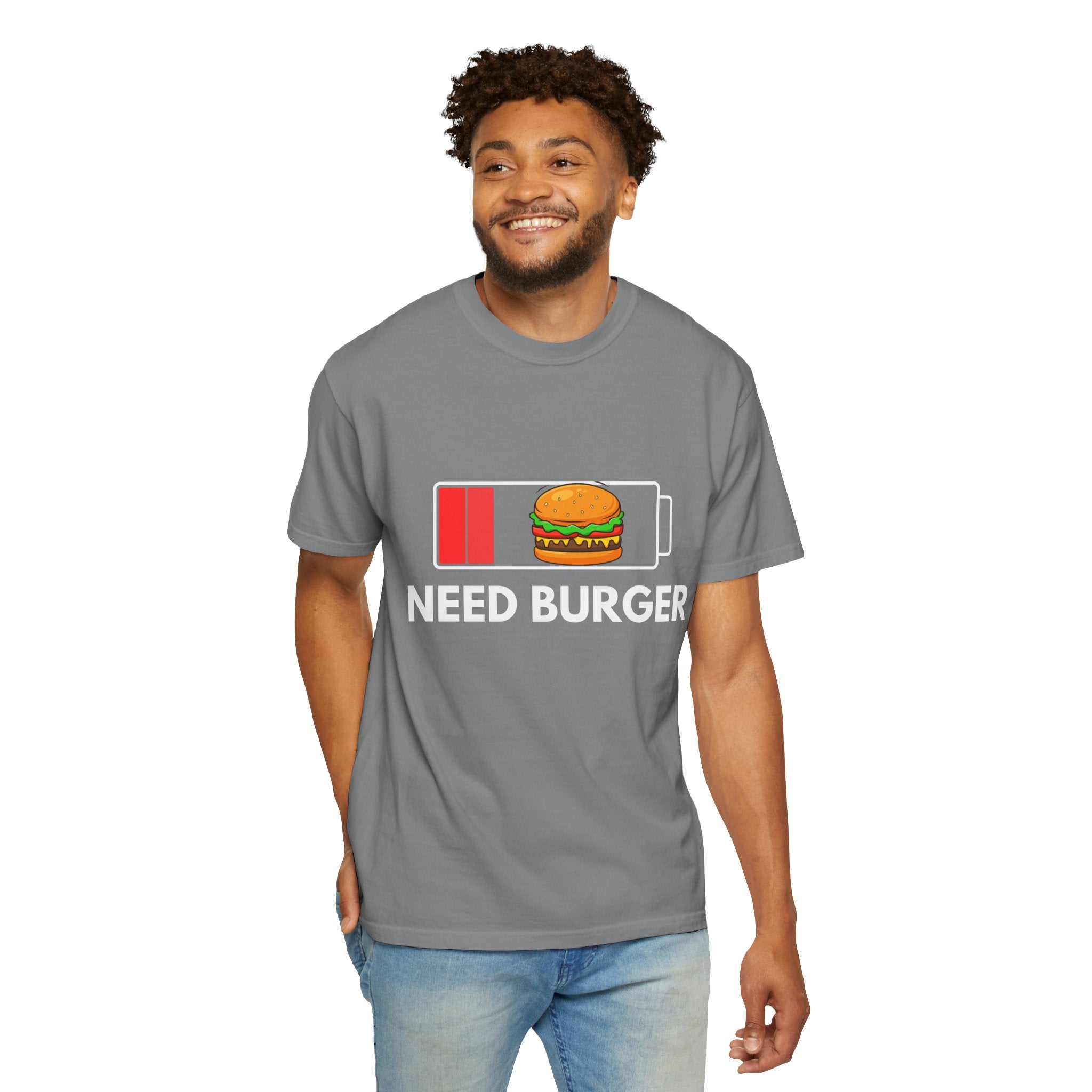 Need Burger T‑Shirt — Funny Low Battery Burger Tee (Never Give Up on Burgers)